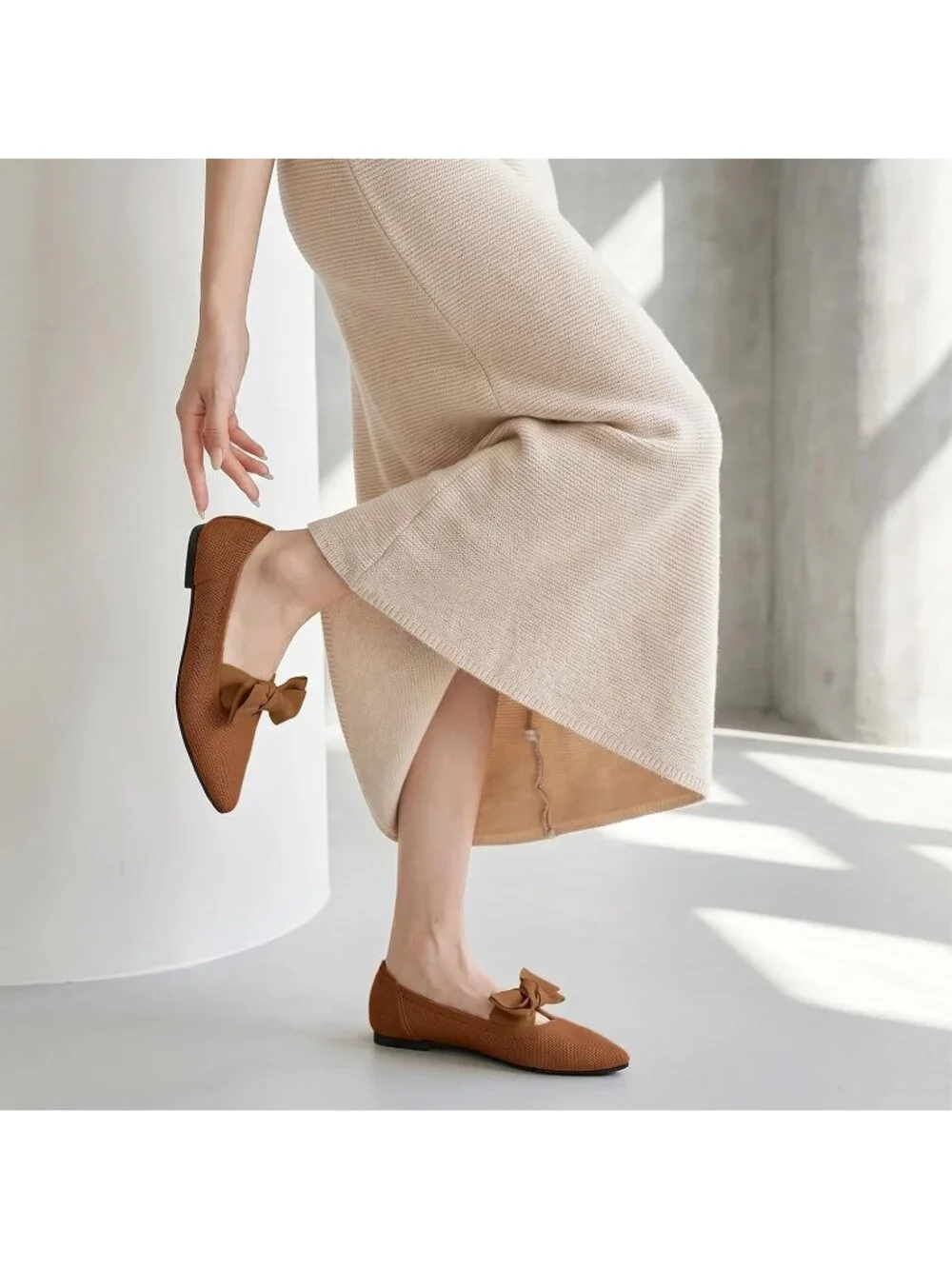 Women's Brown Comfortable Knit Washable Pointed Toe Pull-On Ballet Flat Shoes